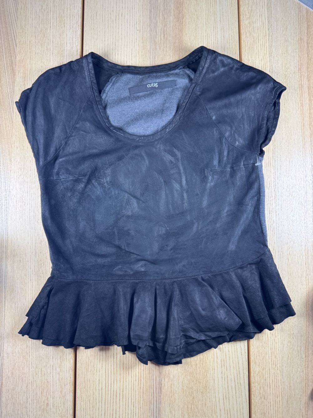 Cut25 by Yigal Azrouel‎ Black Leather Peplum Top Grey Mixed Media Sz 4